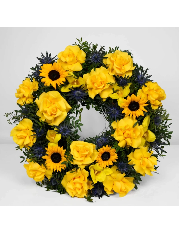 Coroana funerara cu trandafiri si floarea soarelui 