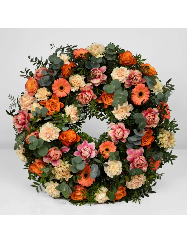 Coroana funerara cu gerbera si lalele 