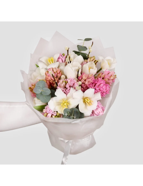 Buchet cu lalele si zambile roz 