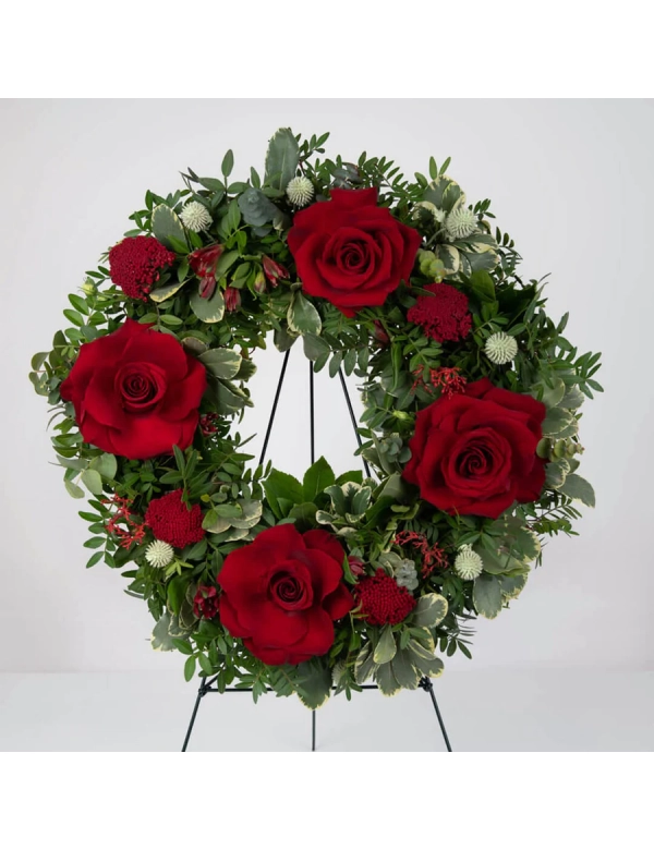 Coroana Funerara cu trandafiri rosii 