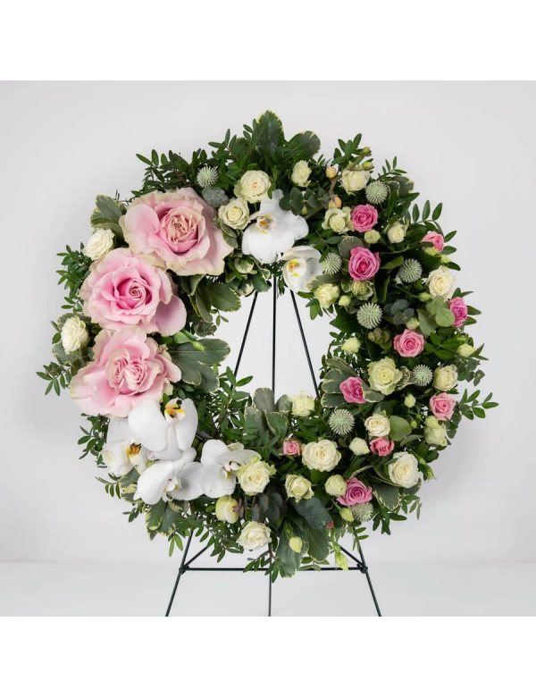 Coroana Funerara cu trandafiri roz si tros 
