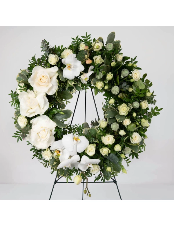 Coroana Funerara cu trandafiri albi si phaleonopsis 